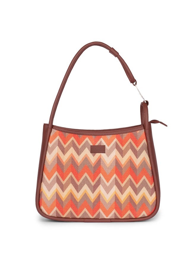 ZOUK Tidal Wave Printed Jute Handcrafted Vegan Leather Orange Women's Sleek Shoulder Bag |Hobo Bag| - Image 1